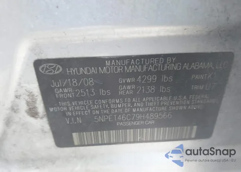 2009 Hyundai Sonata Gls z USA, uszkodzony, nr VIN 5NPET46C79H489566